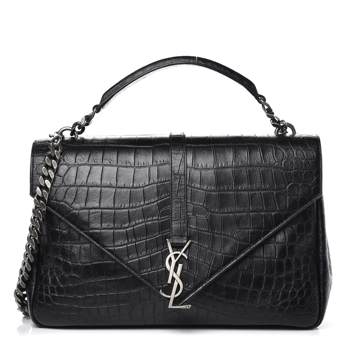 Calfskin Crocodile Embossed Monogram Large College Satchel Black