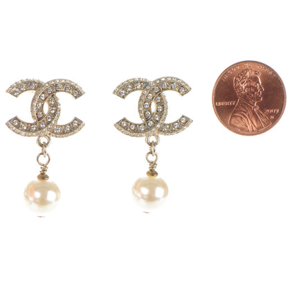 Chanel Crystal Pearl CC Drop Earrings Light Gold 2 of 5