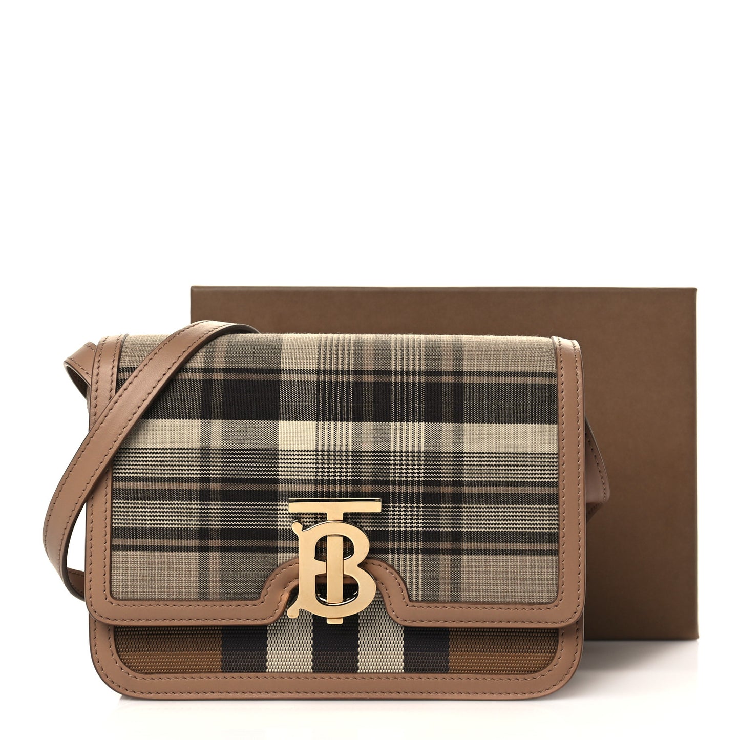 Calfskin Tartan Print Small TB Bag Light Fawn