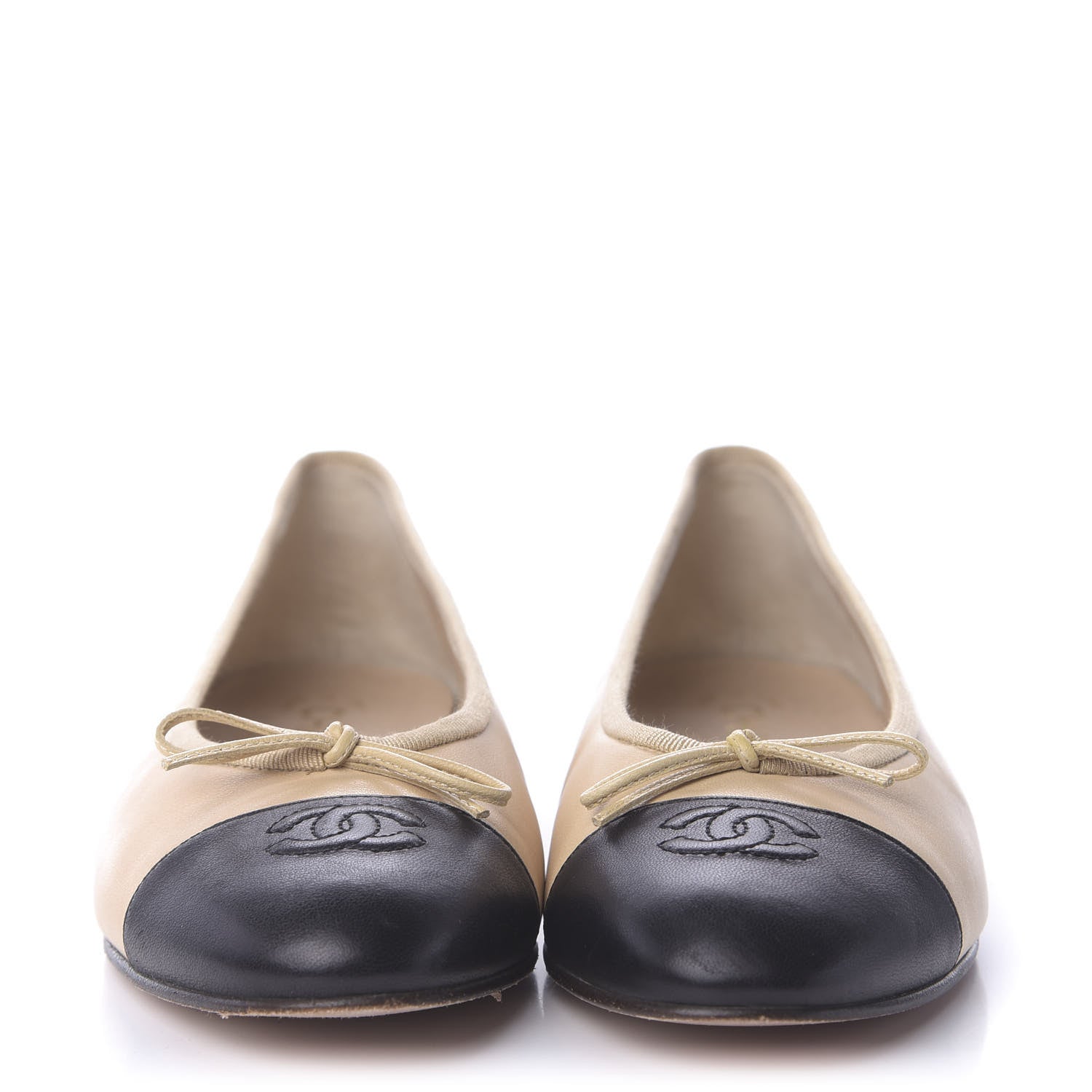 Chanel Lambskin Cap Toe CC Ballerina Flats 38 Beige Black 2 of 8
