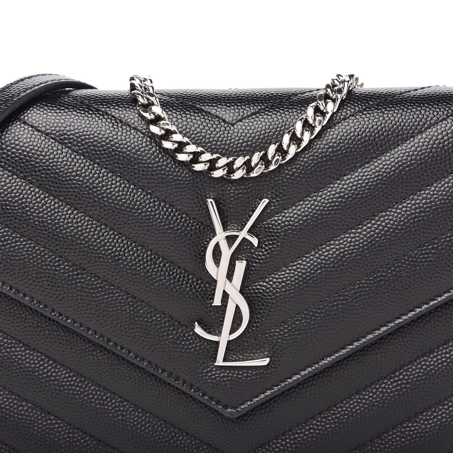 Saint Laurent Grain De Poudre Matelasse Chevron Monogram Envelope Chain Wallet Black 9 of 10