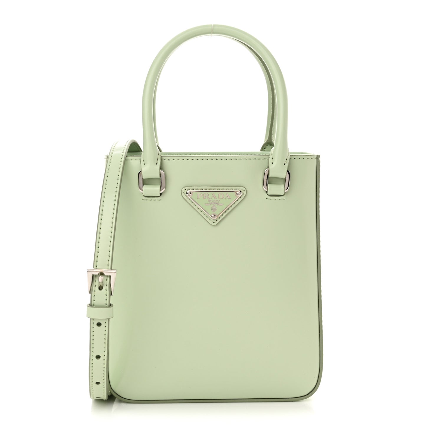 Spazzolato Metal Triangle Logo Small Double Handle Crossbody Tote Acqua