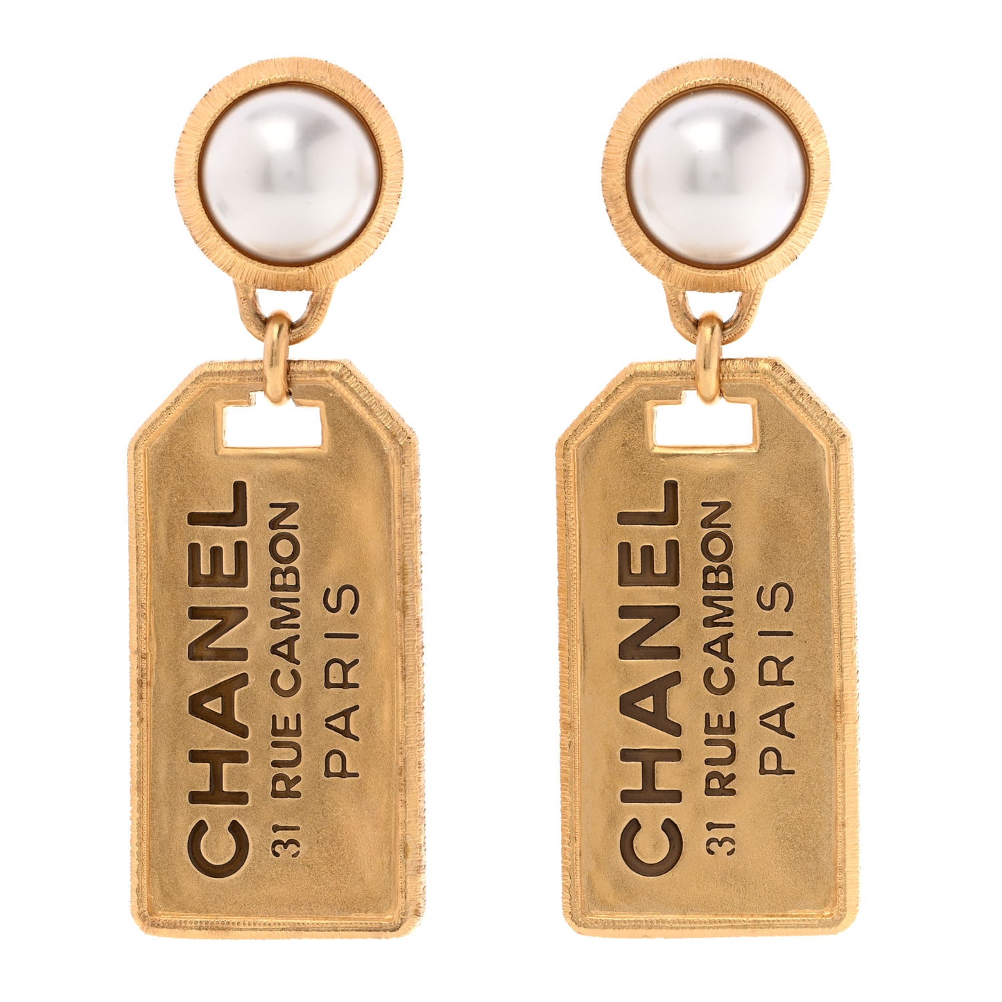 Pearl CC Tags Drop Earrings Gold