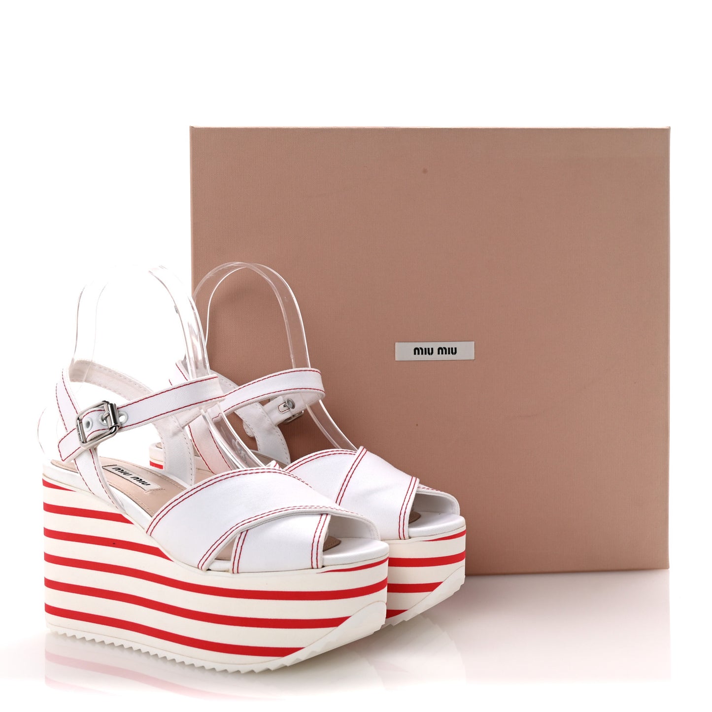 Gabardine Striped Platform Wedge Sandals 36 White Rosso