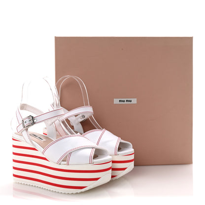 Miu Miu Gabardine Striped Platform Wedge Sandals 36 White Rosso 10 of 10