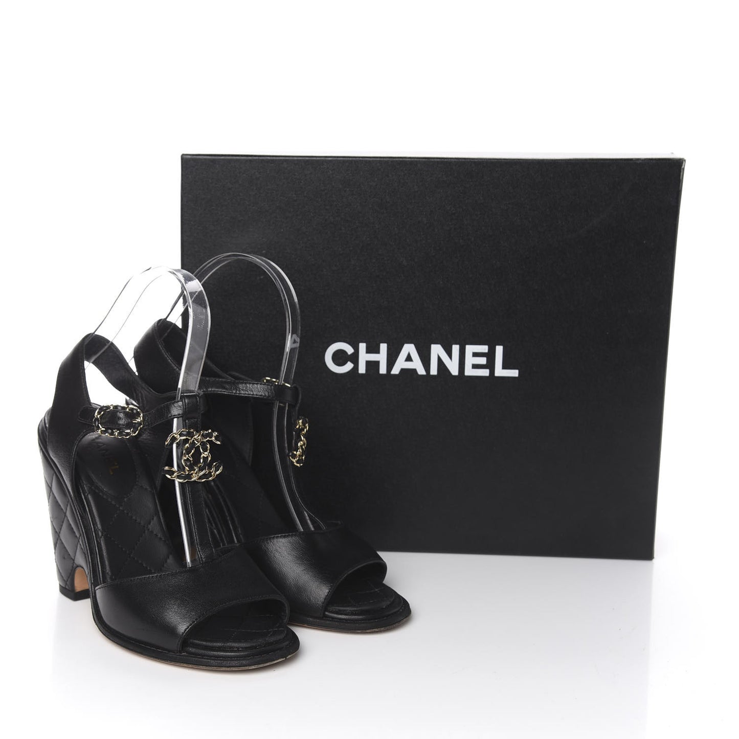 Lambskin Quilted Chain CC Wedge Sandals 36.5 Black
