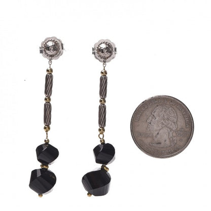 David Yurman Sterling Silver 18K Yellow Gold Black Onyx Dangle Twist Earrings 2 of 3
