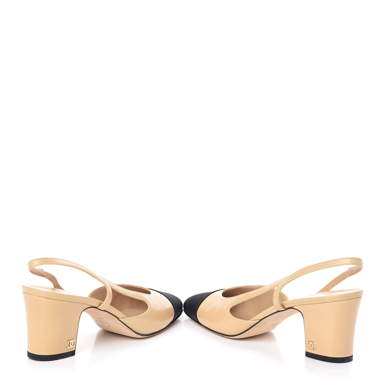 Chanel Goatskin Grosgrain Cap Toe CC Slingback Pumps 38 Beige Black 6 of 10
