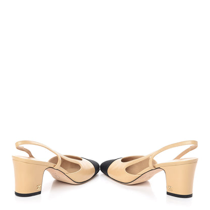 Chanel Goatskin Grosgrain Cap Toe CC Slingback Pumps 38 Beige Black 6 of 10