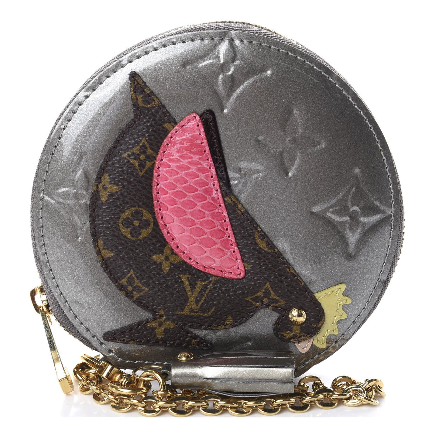 Vernis Animania Coq Rooster Round Coin Purse Gris Art Deco