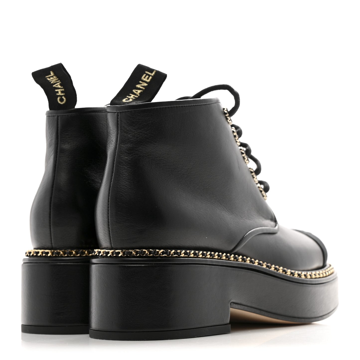 Calfskin Grosgrain Chain Lace Up CC Short Boots 37.5 Black