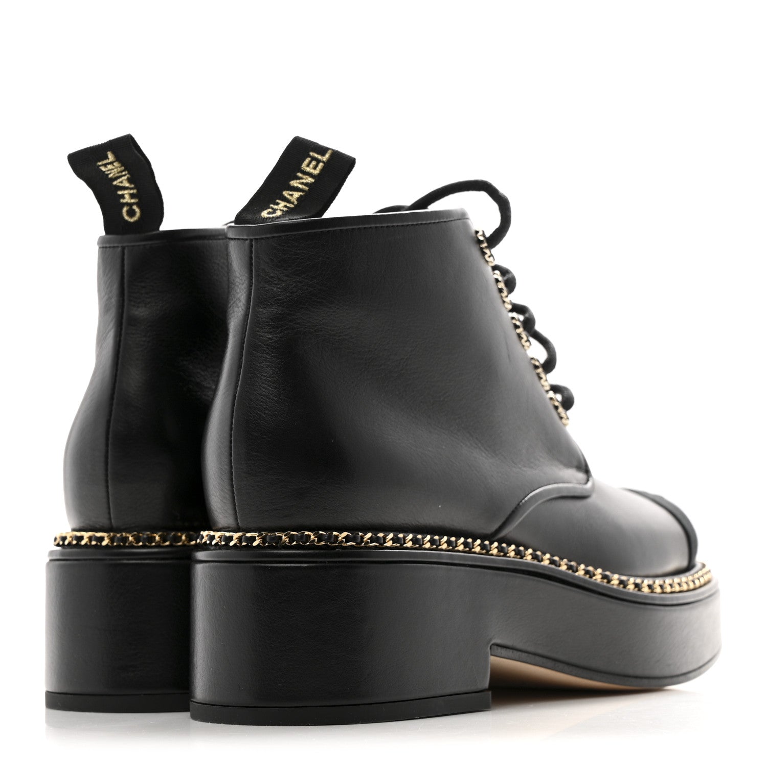Chanel Calfskin Grosgrain Chain Lace Up CC Short Boots 37.5 Black 5 of 11