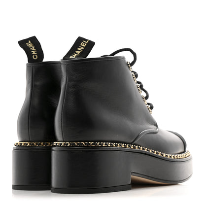 Chanel Calfskin Grosgrain Chain Lace Up CC Short Boots 37.5 Black 5 of 11