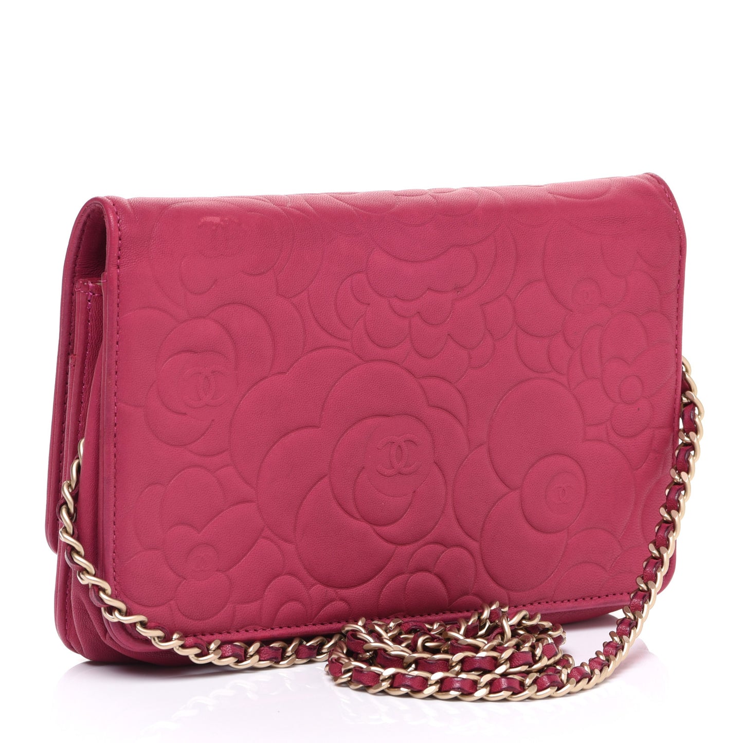 Lambskin Camellia Embossed Wallet on Chain WOC Fuchsia