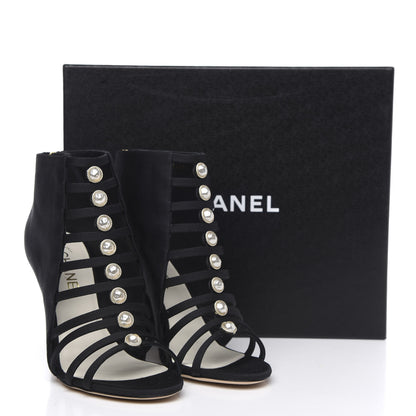 Chanel Grosgrain Pearl Open Toe Caged Ankle Boots 38 Black 9 of 9