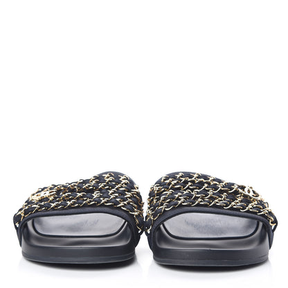 Chanel Satin Canvas Chain Slides Sandals Flats 37 Marine 2 of 14