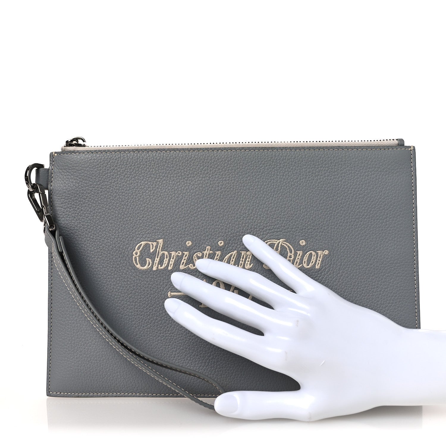 Christian Dior Grained Calfskin 1947 Signature A5 Pouch Grey White