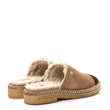 Chanel Kid Suede Shearling CC Chain Mules 37.5 Light Brown Black 4 of 8