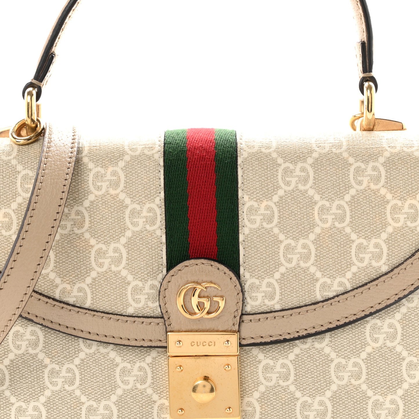 GG Supreme Monogram Textured Dollar Calfskin Web Small Ophidia Padlock Top Handle Bag Beige Mystic White Oatmeal
