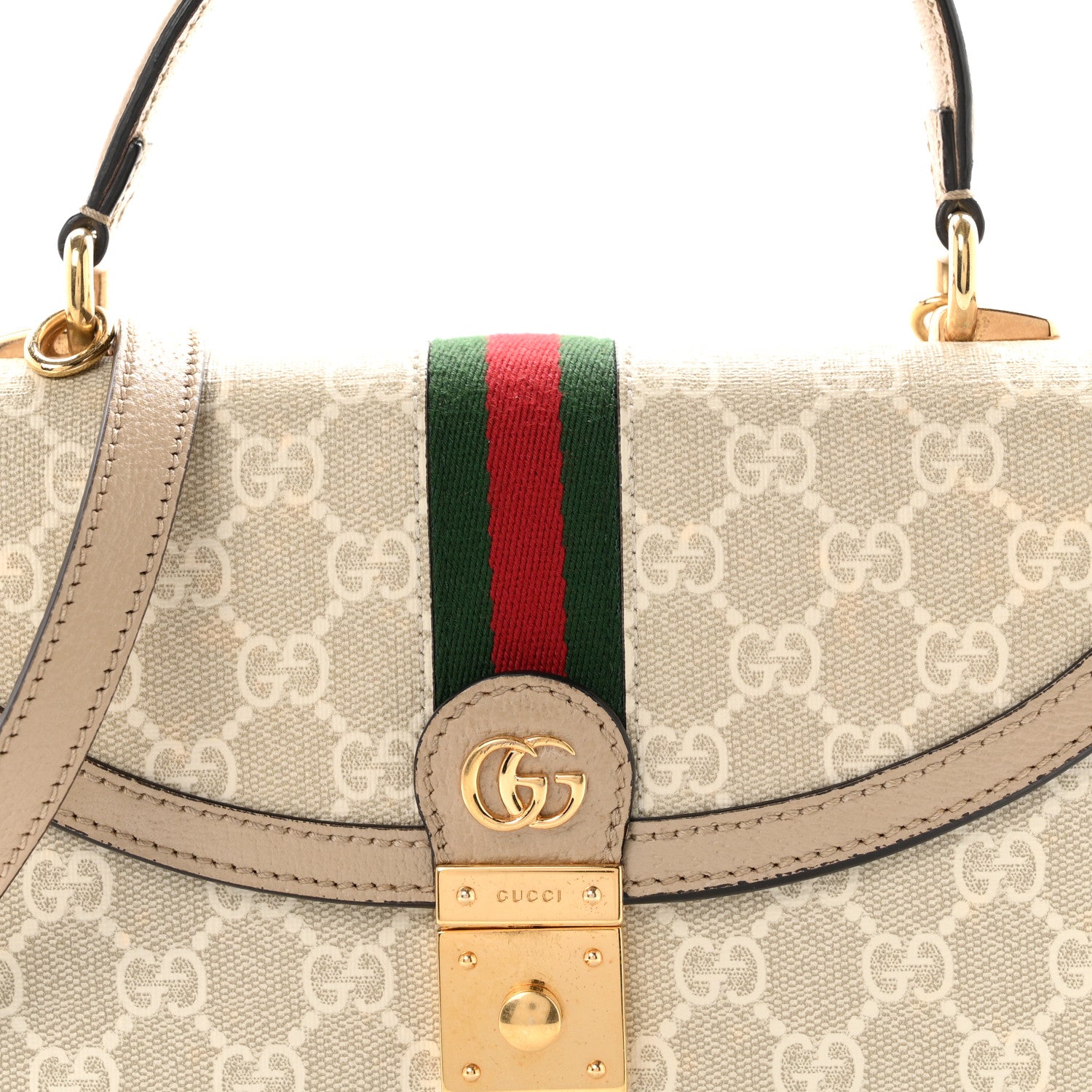 Gucci GG Supreme Monogram Textured Dollar Calfskin Web Small Ophidia Padlock Top Handle Bag Beige Mystic White Oatmeal 8 of 10