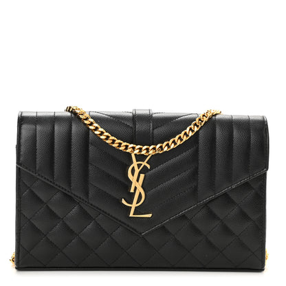 Saint Laurent Grain De Poudre Mixed Matelasse Triquilt Monogram Chain Wallet Black 1 of 8