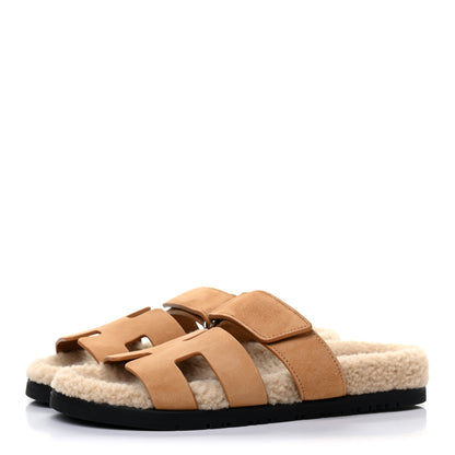 Hermes Suede Goatskin Woolskin Womens Chypre Sandals 37 Golden Beige 3 of 9