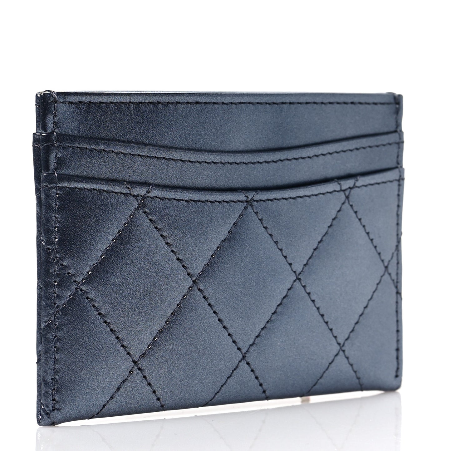 Metallic Lambskin Quilted Card Holder Dark Blue