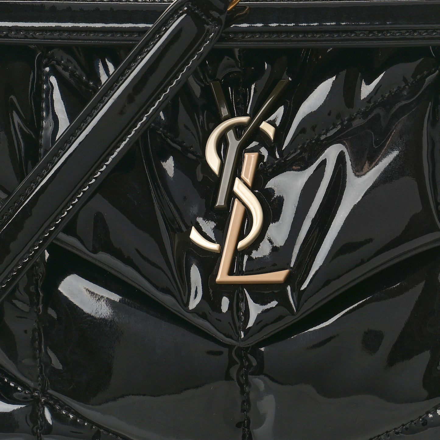 SAINT LAURENT Patent Quilted Small Loulou Puffer Monogram Chain Satchel Black