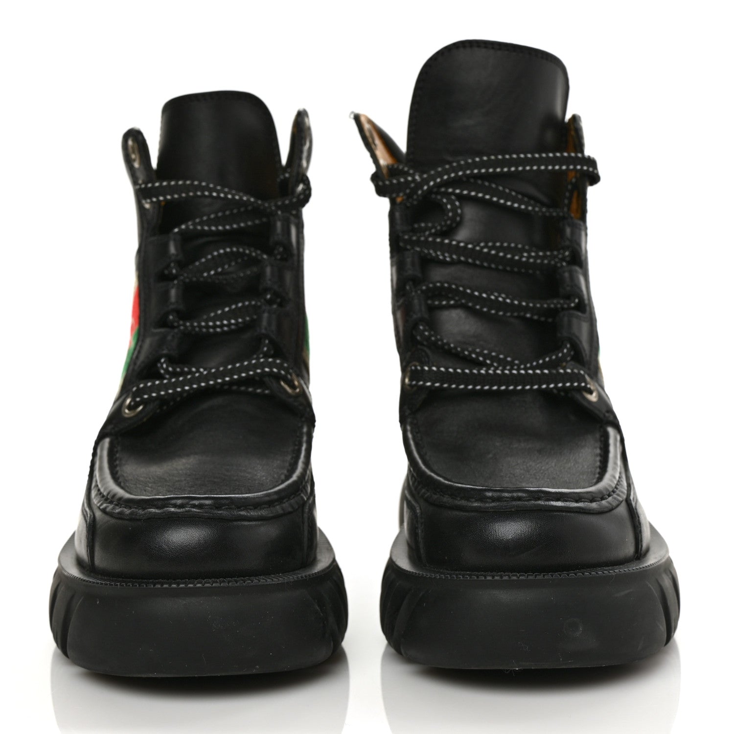 Gucci Quebec Calfskin Web Womens Interlocking G Lace Up Combat Boots 35 Black Mystic White Green Red 2 of 10
