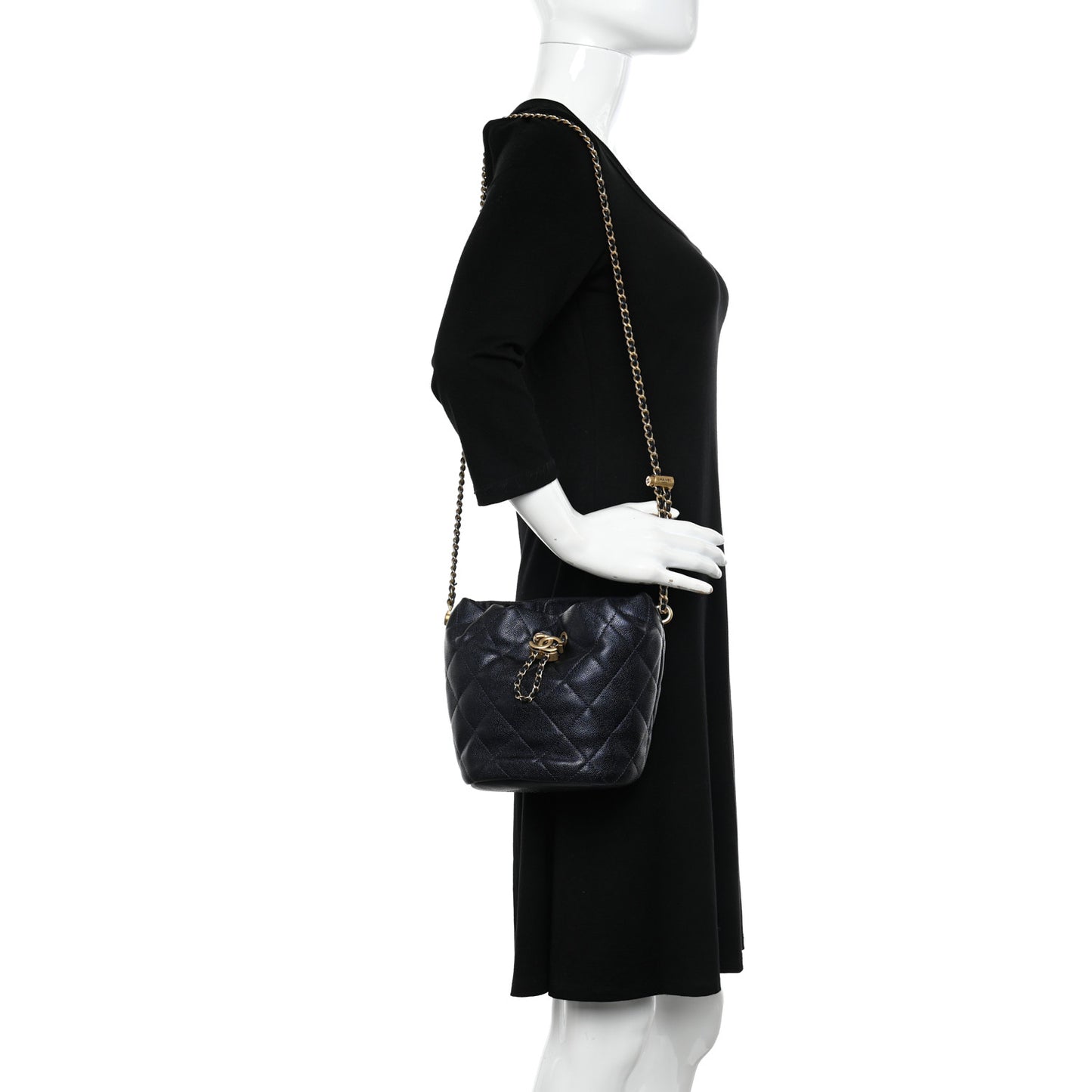 Iridescent Caviar Quilted My Perfect CC Bucket Drawstring Bag Blue
