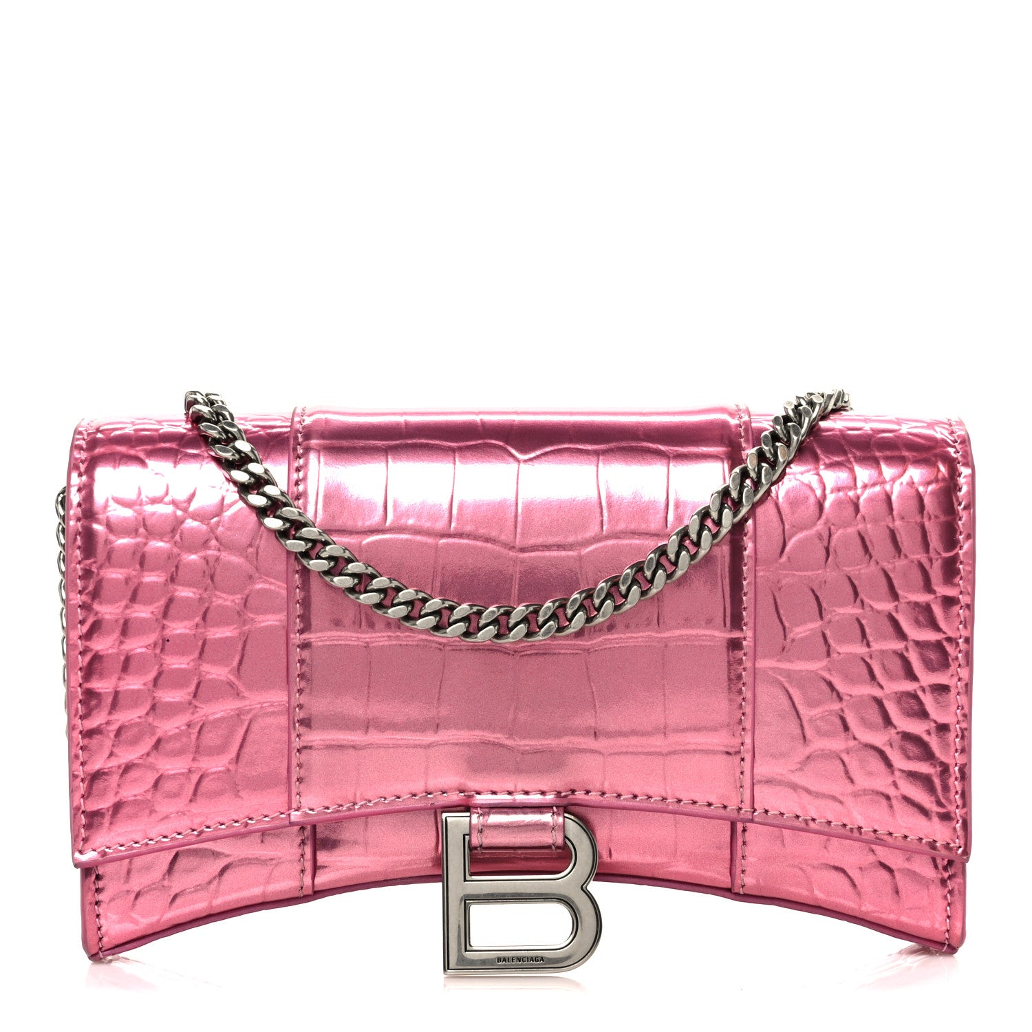 Balenciaga Metallic Shiny Calfskin Crocodile Embossed Hourglass Chain Bag Pink 1 of 11