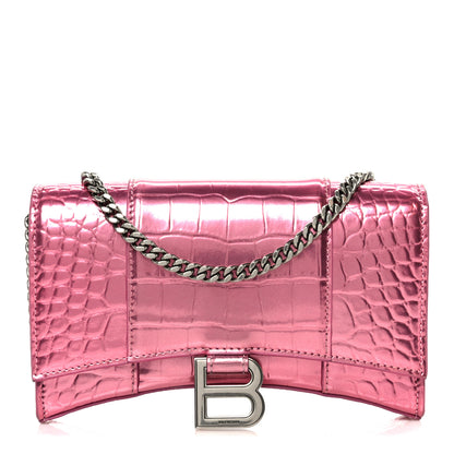 Balenciaga Metallic Shiny Calfskin Crocodile Embossed Hourglass Chain Bag Pink 1 of 11
