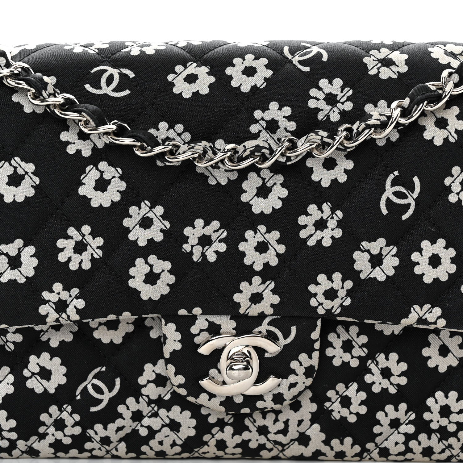 Chanel Canvas Floral Printed Quilted Medium Double Flap Black White 8 of 13