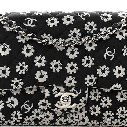 Chanel Canvas Floral Printed Quilted Medium Double Flap Black White 8 of 13