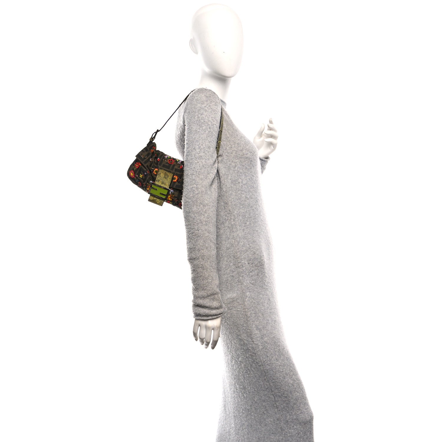 Fendi Zucca Lizard Embroidered Baguette Tobacco Green Multicolor 2 of 18