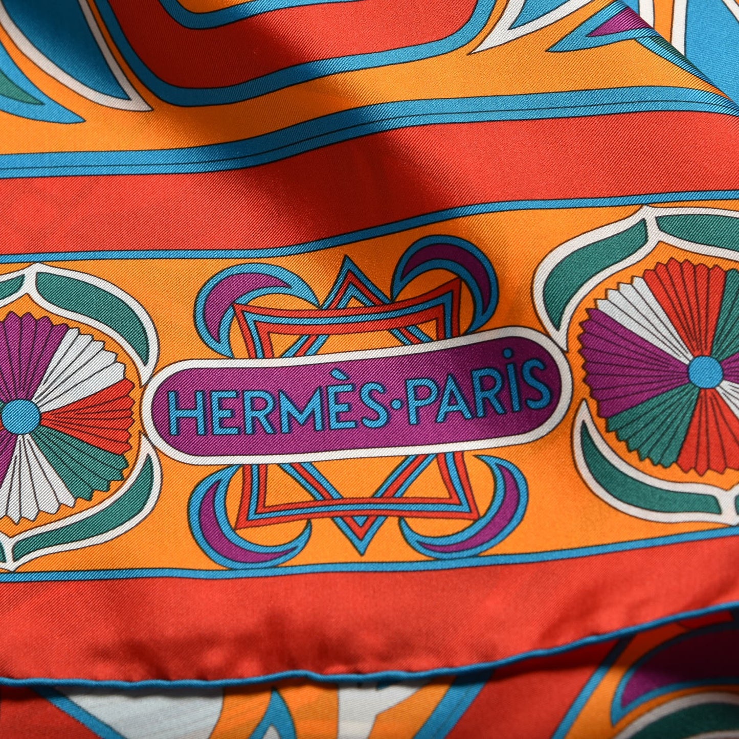 Silk Folklore Scarf 140 Orange Rouge Cobalt