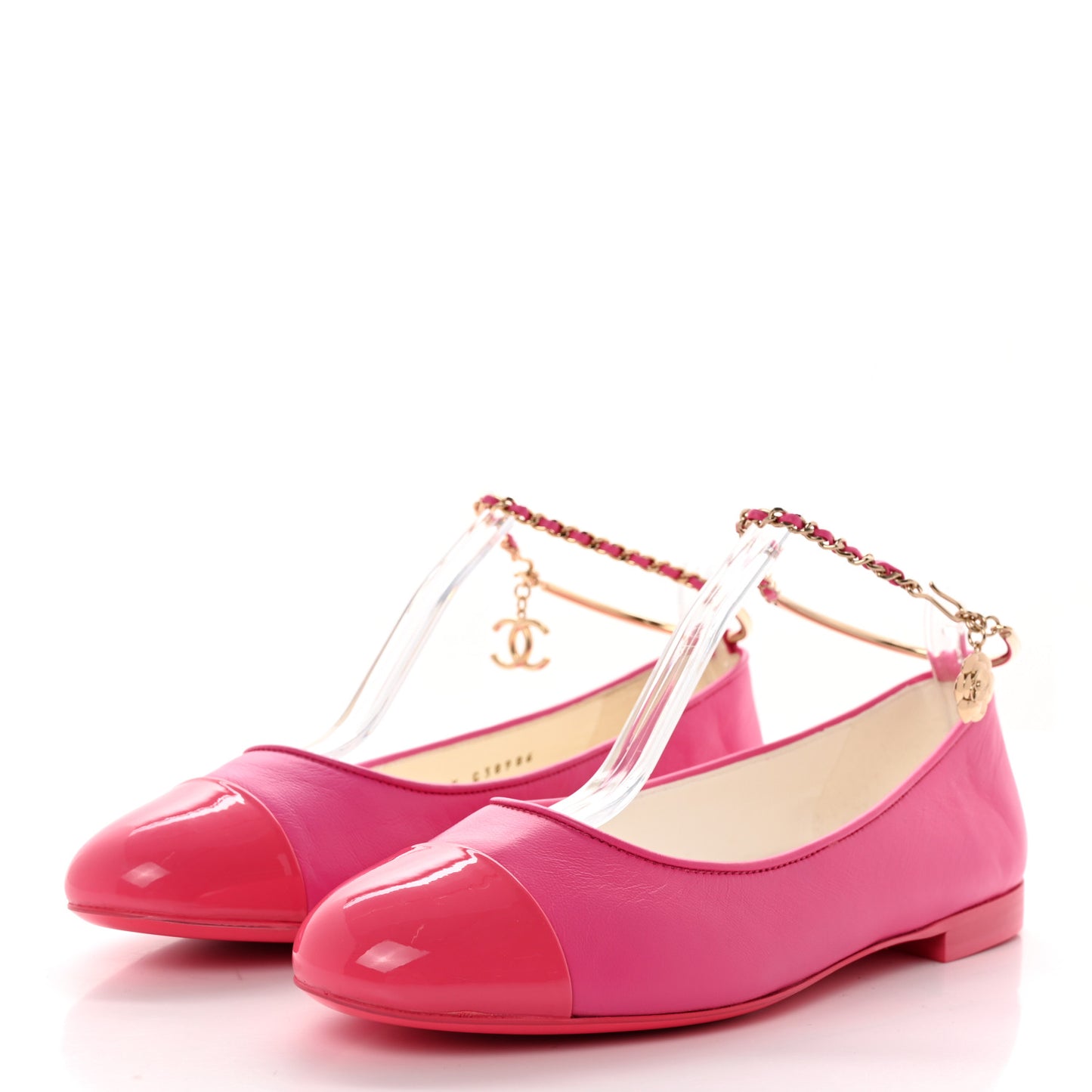Lambskin Patent Calfskin Cap Toe Ankle Chain Ballerina Flats 38 Dark Pink