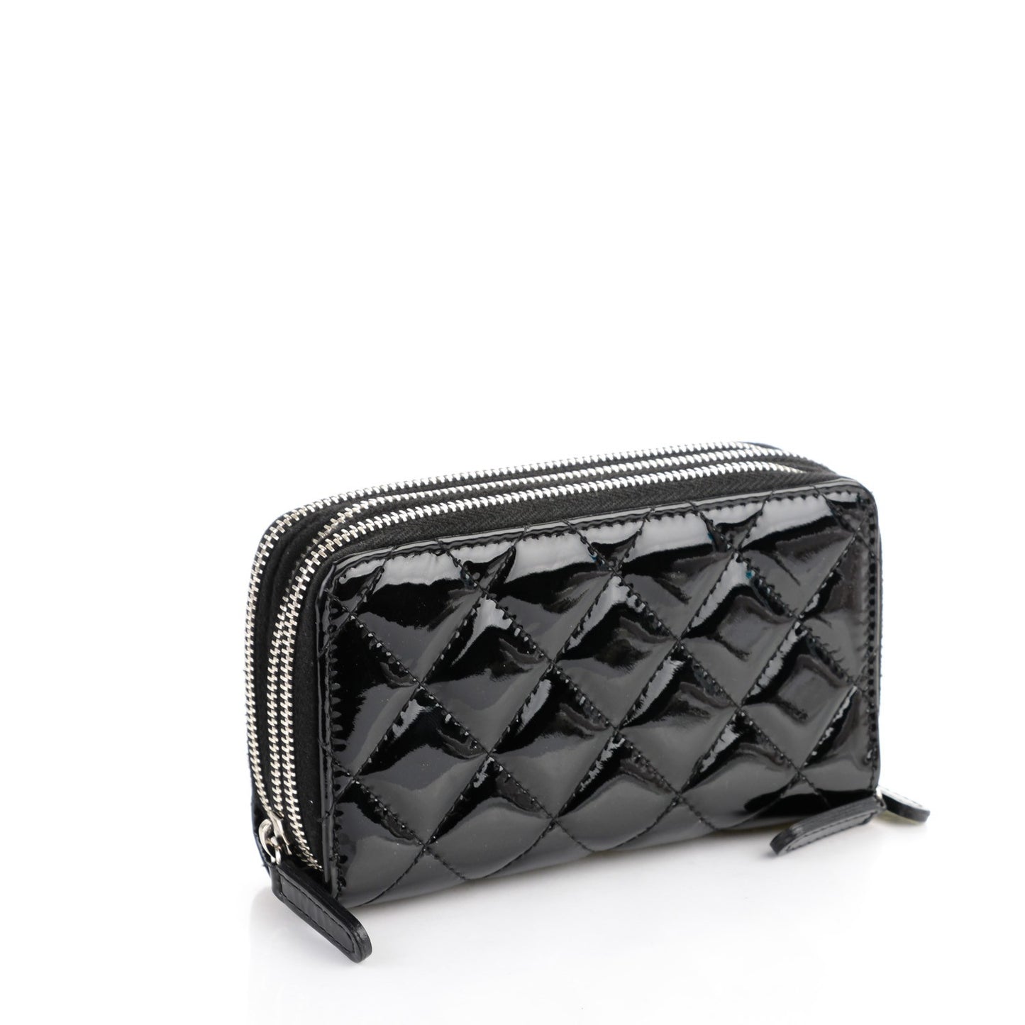 Patent Calfskin Quilted Zip Around Phone Holder Black