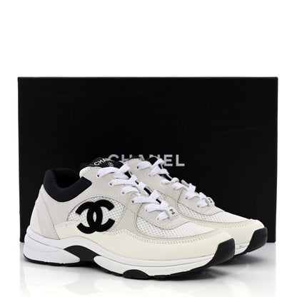 Chanel Mesh Suede Calfskin Grained Calfskin Womens CC Sneakers 38.5 White Black 9 of 9