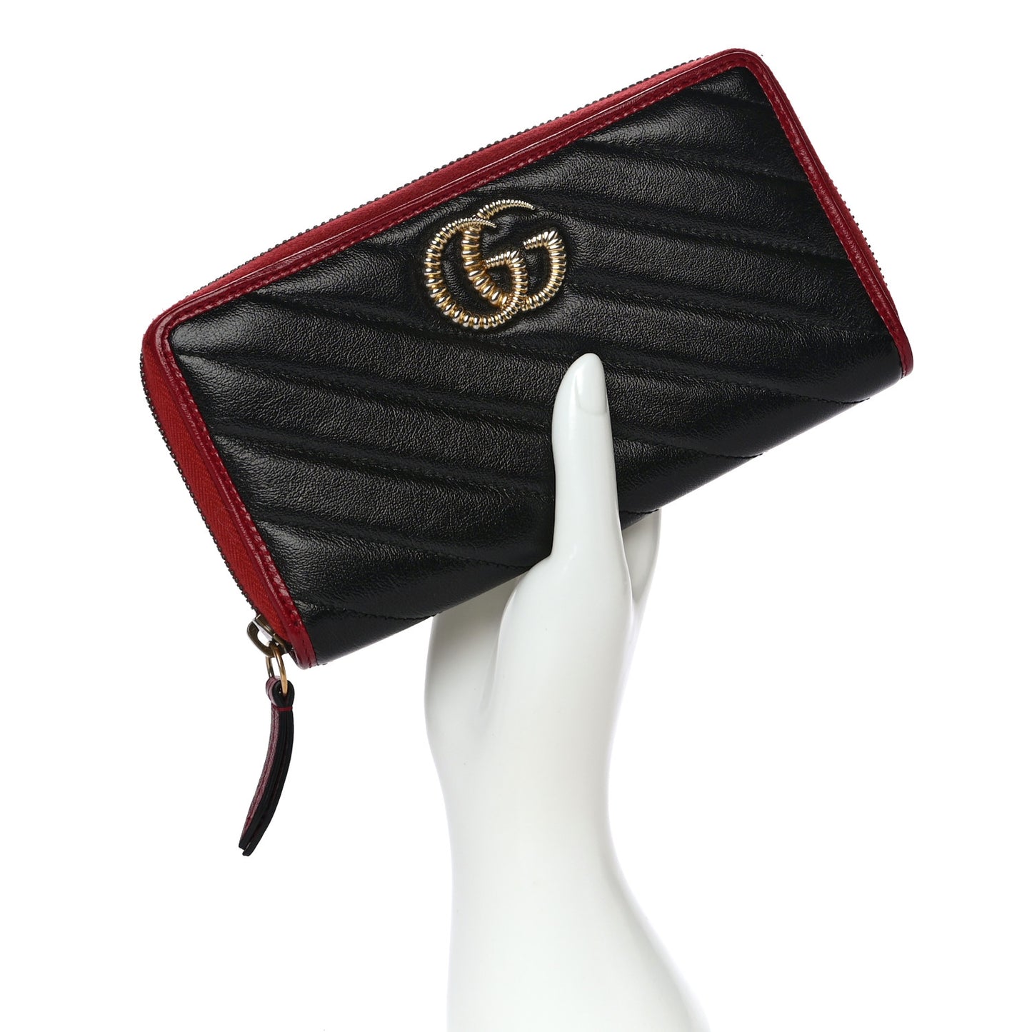 Vintage Effect Calfskin Matelasse Diagonal Torchon GG Marmont Zip Around Wallet Black Romantic Cherry