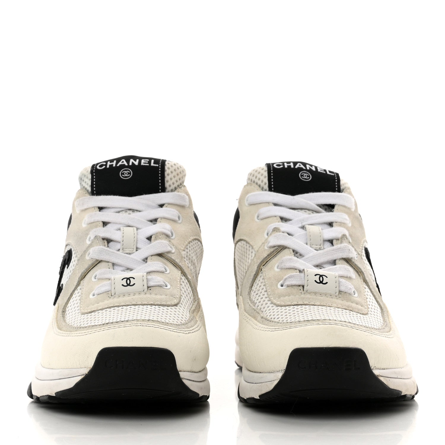 Chanel Mesh Suede Calfskin Grained Calfskin Womens CC Sneakers 38 White Black 2 of 8