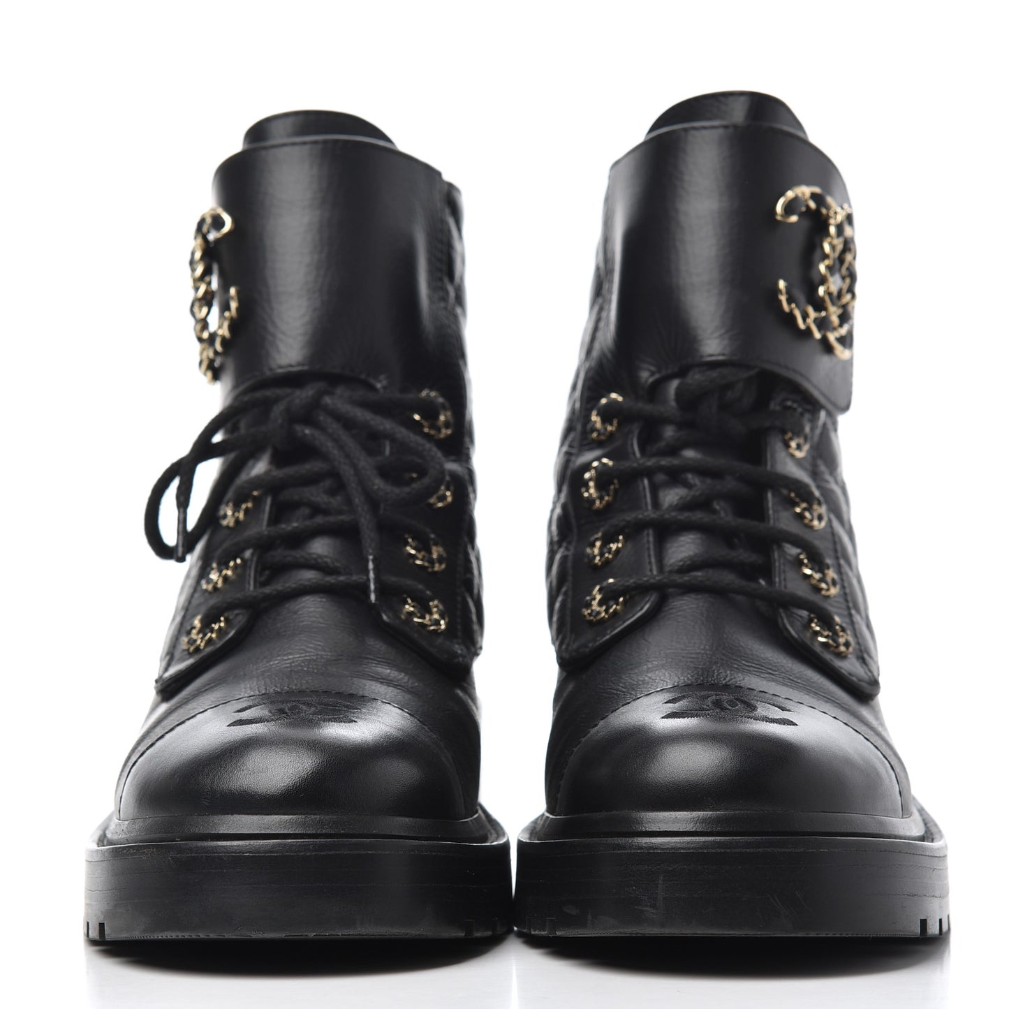 Shiny Goatskin Calfskin Quilted Lace Up Combat Boots 38.5 Black