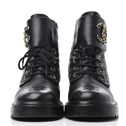 Chanel Shiny Goatskin Calfskin Quilted Lace Up Combat Boots 38.5 Black 2 of 14