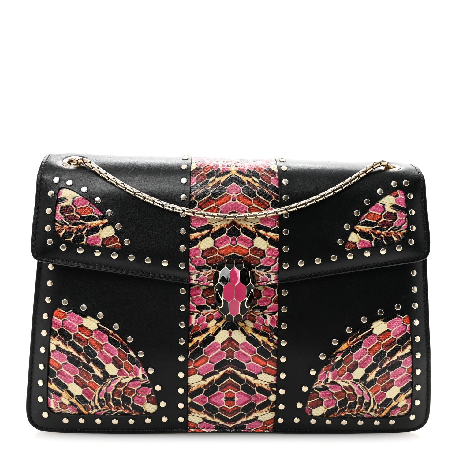 Bulgari Calfskin Karung Studded Serpenti Forever Shoulder Bag Black Pink Multicolor 1 of 11