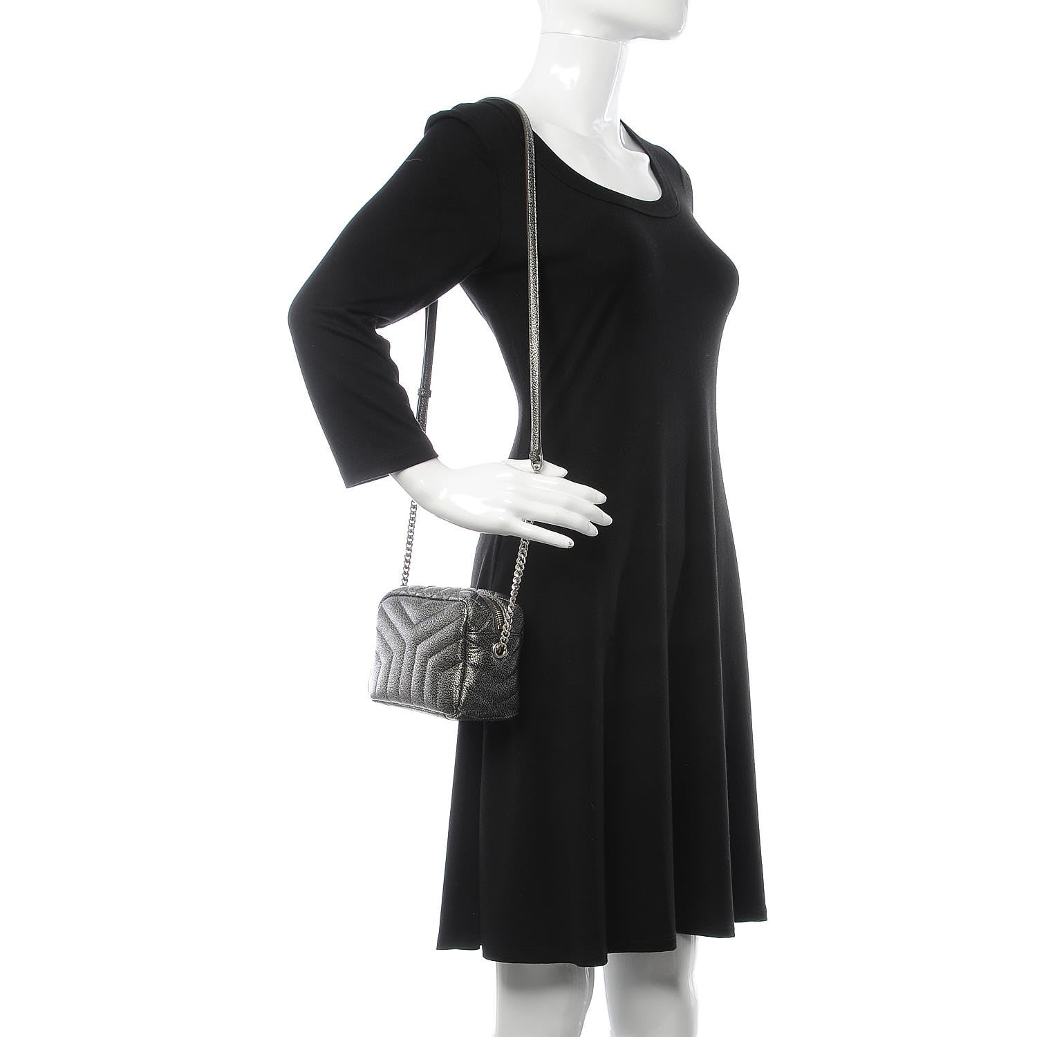 Saint Laurent Metallic Grain De Poudre Y Quilted Monogram Mini Loulou Camera Bag Gun Metal 2 of 7