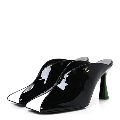 Chanel Patent Calfskin Mules 40.5 Black White Green 4 of 11