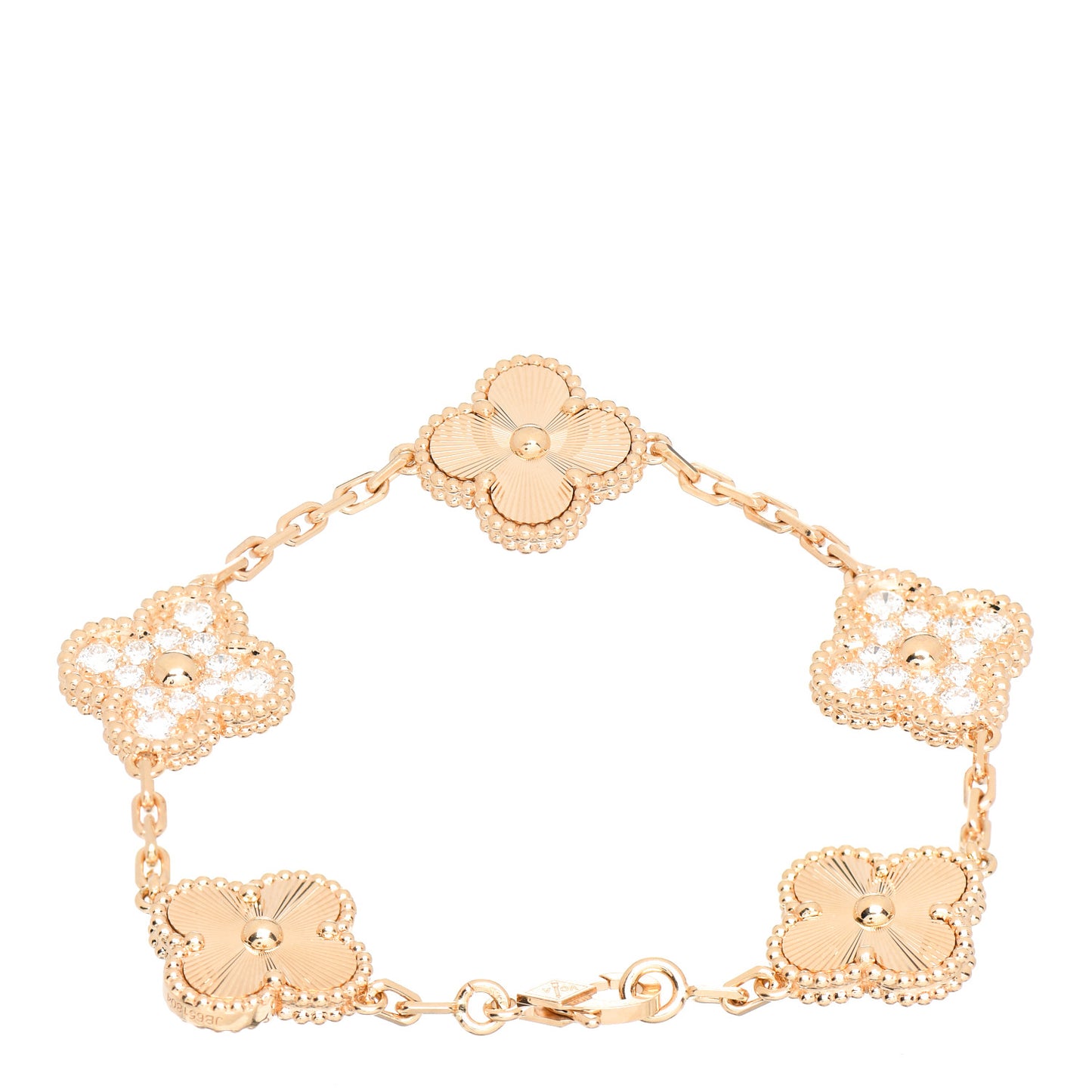 18K Yellow Gold Diamond 5 Motifs Guilloche Vintage Alhambra Bracelet