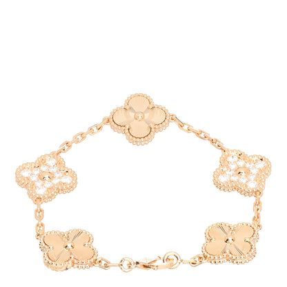 Van Cleef & Arpels 18K Yellow Gold Diamond 5 Motifs Guilloche Vintage Alhambra Bracelet 2 of 4