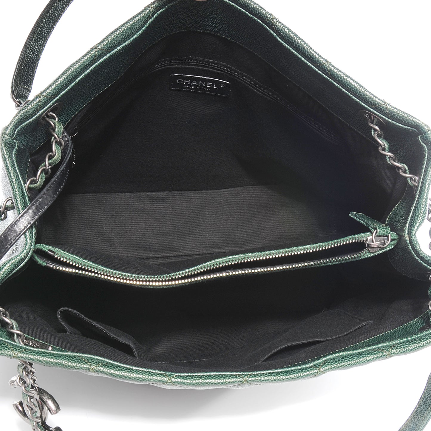 Iridescent Caviar Quilted Tall Chic Shopping Tote Dark Green