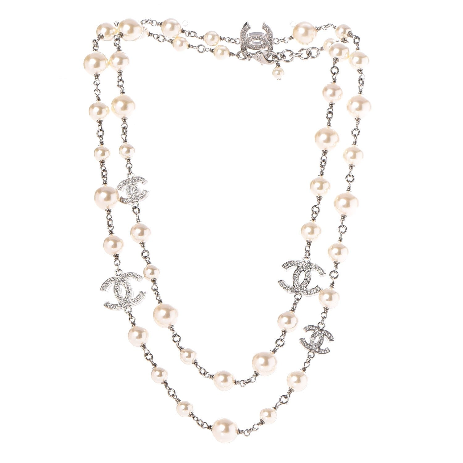Chanel Crystal Pearl CC Long Necklace Silver 3 of 6
